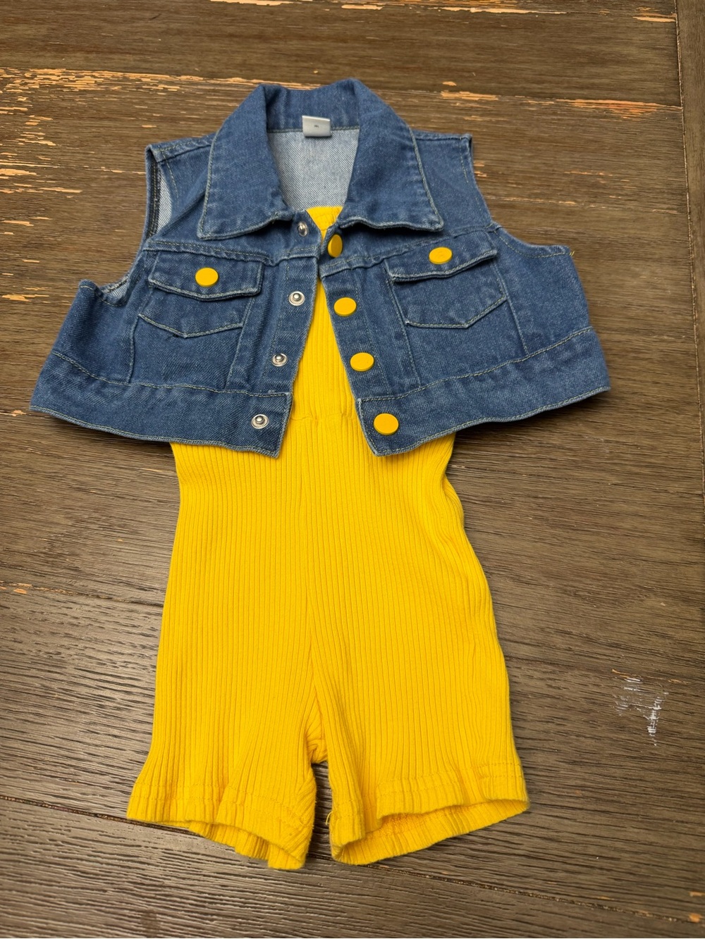 SHEIN Yellow Ribbed Romper with Cropped Denim Vest 5T